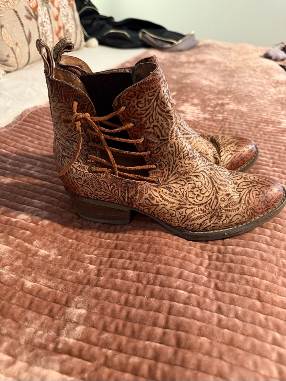 Corral Women's Embossed Floral Leather Ankle Boots - Brown